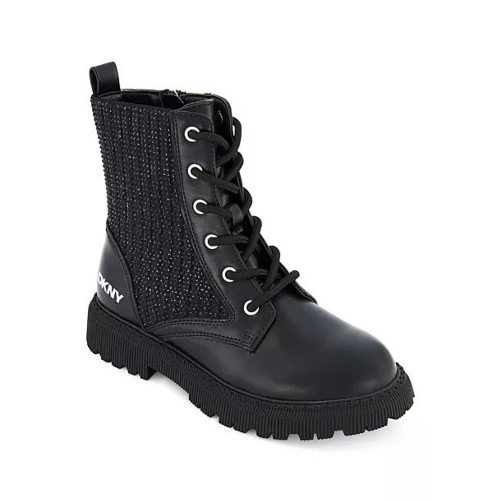 DKNY Kids Black Ava Menia Combat Boots Rhinestone Cuff Side Zip Lace Up Sz 2 NEW - Picture 8 of 15